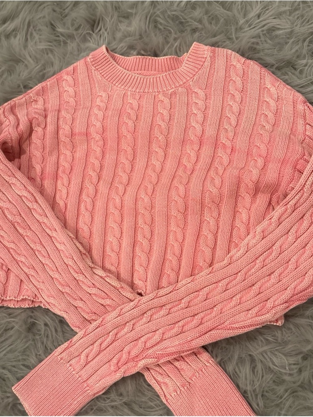 aerie cropped Light Pink Cable Knit Crewneck Sweater